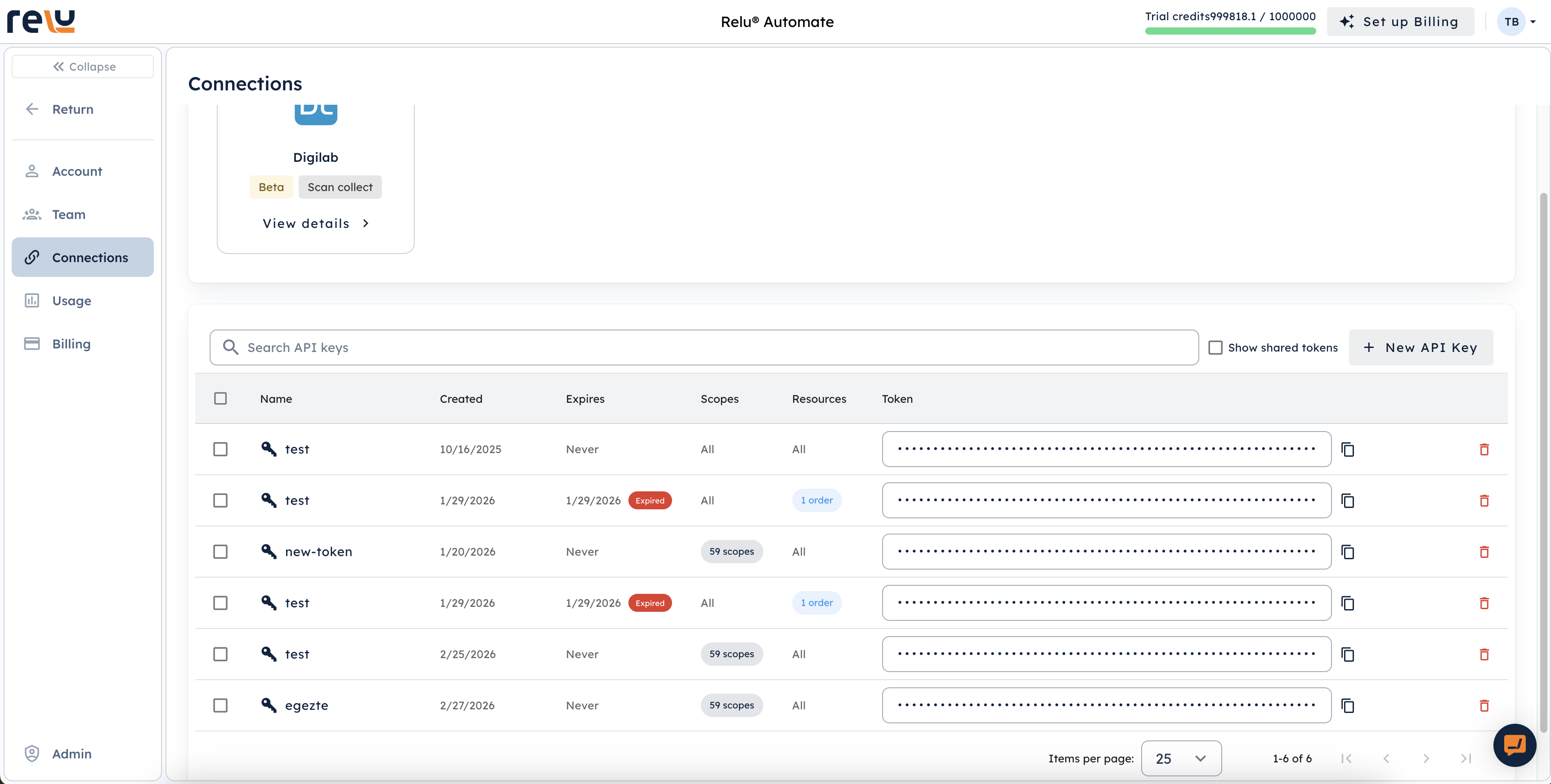 API tokens settings page
